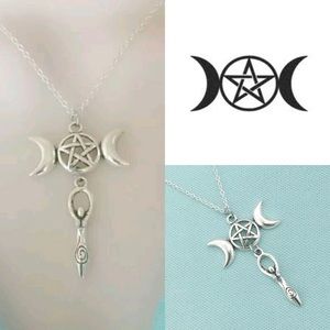 Triple moon goddess necklace w crystal gift wicca amulet talisman & stones